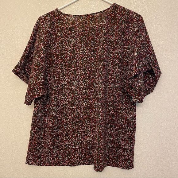 J crew Lightweight colorful black micro print semi sheer short sleeve blouse -M - Picture 3 of 13